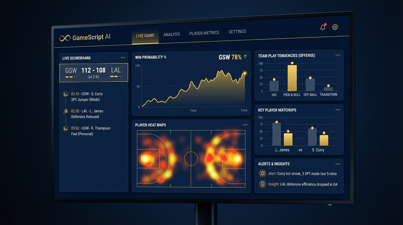GameScript AI real-time sports analytics dashboard showing play-by-play analysis and predictive modeling